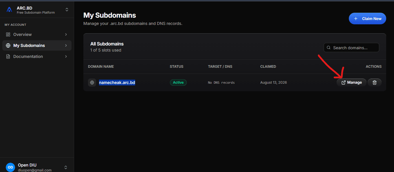 ARC.BD My Subdomains page showing Manage button