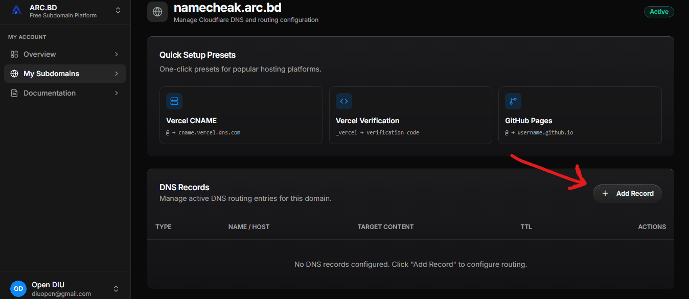 ARC.BD DNS configuration with Quick Setup Presets and Add Record