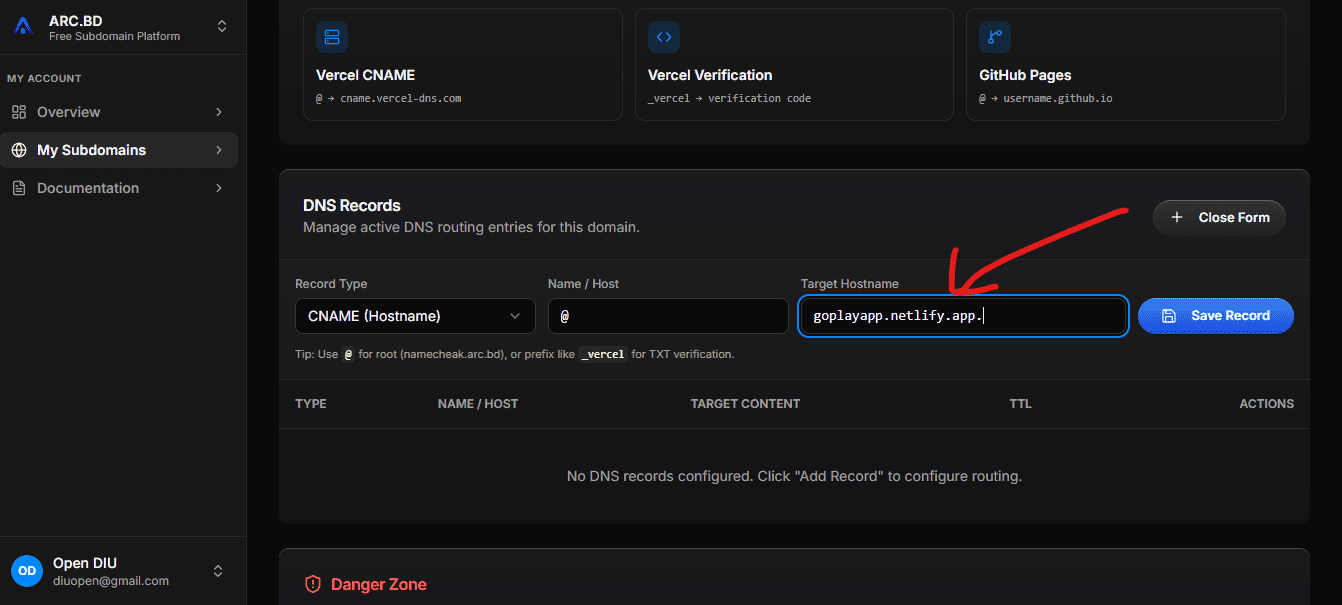 Adding CNAME record in ARC.BD for Netlify